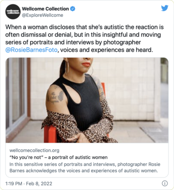 A screenshot of a tweet linking to an article, in which the card image shows a woman's chest and the bottom half of her face.